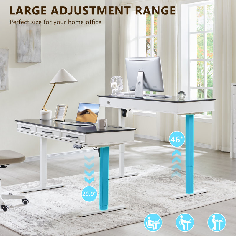 46" Tall Electric Adjustable Height Standing Desk Computer Table with 3-Drawers, Home Office Writing Desk with One-Piece Desktop & Power Outlets