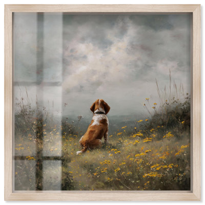 Décoration murale "Chien dans les fleurs II" par Art Remedy, cadre blond, 13 x 13