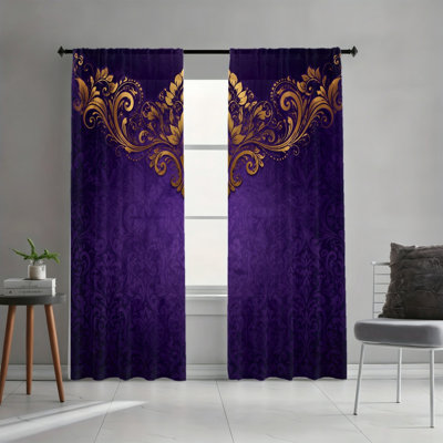 2 Panels Luxurious Vintage Floral Style Decor Light Filtering Curtains with Purple Background Golden Baroque Floral Scroll Pattern, Spring Refresh Decor, Easy Hang Rod Pocket, All-Season Curtains for Home Living Room Bedroom Dormitory Decoration