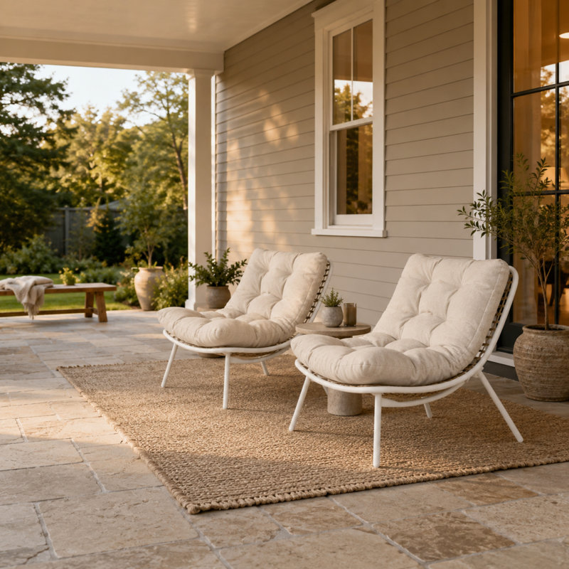 Chaise longue d'extérieur en osier moderne avec coussins, chaise de patio pour la cour, le porche et le balcon (ensemble de 2)