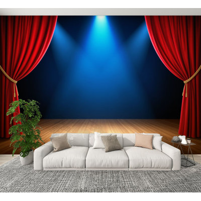 Peel and Stick Wallpaper Empty Stage Red Curtains Spotlight Wooden Floor Wall Murals 100"H x 144"W Removable PVC Wall Paper Self-Adhesive Wall Paintings Art Decor for Bedroom Living Room