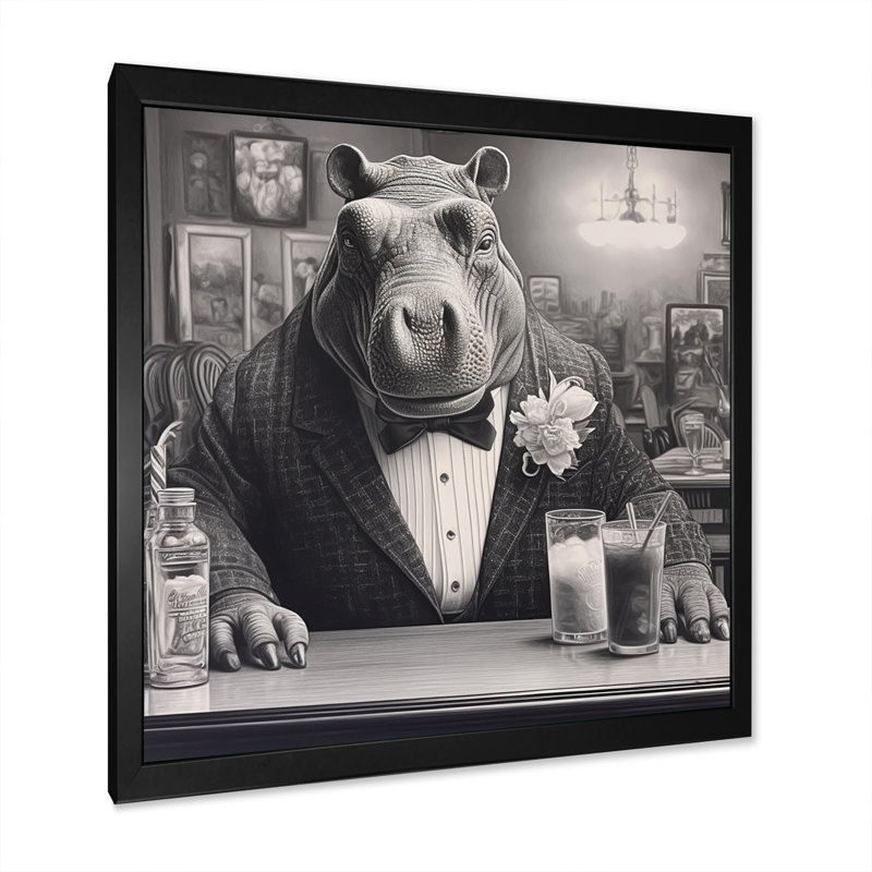 «Rhino Have A Drink II» sur toile, Cadre photo noir, H 16 po x l 16 po x P 1 po