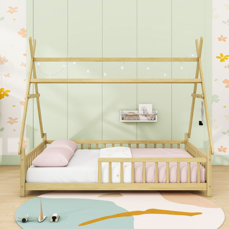 House Bed With LED Light,  Guardrails And Removable Roof, Natural, Full