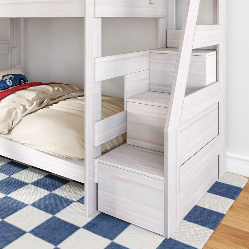 Modern Farmhouse Bunk Bed With Staircase, Twin Over Twin, White Wash