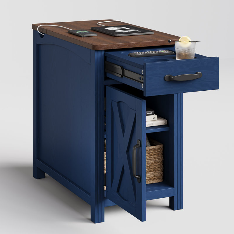 Table de bout Analiesa avec rangement et station de charge, Reddish Brown Top/Blue Base, 1