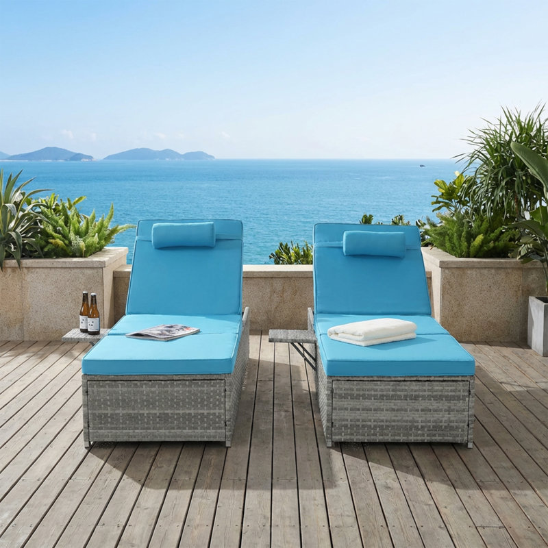 Ensemble de chaises longues d'extérieur en rotin PE avec coussins pour l'extérieur à 6 positions, bleu, Bleu, Gris clair
