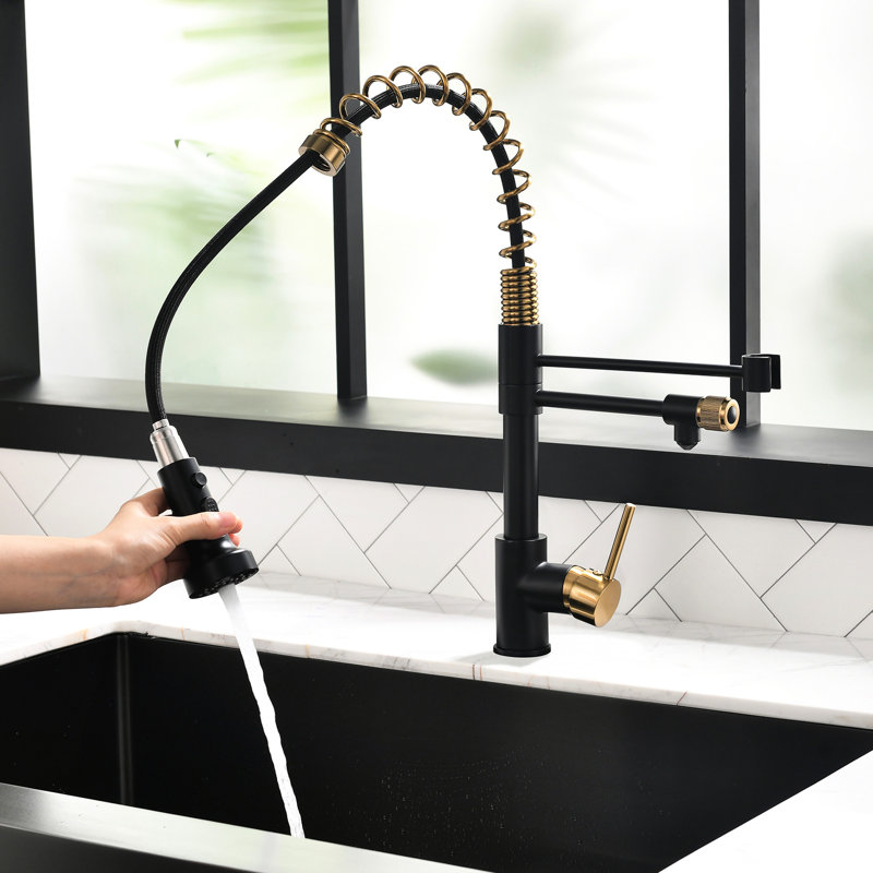 Robinet de cuisine pour purificateur d'évier de cuisine - Robinet rétractable en noir et or avec système de filtration de qualité supérieure