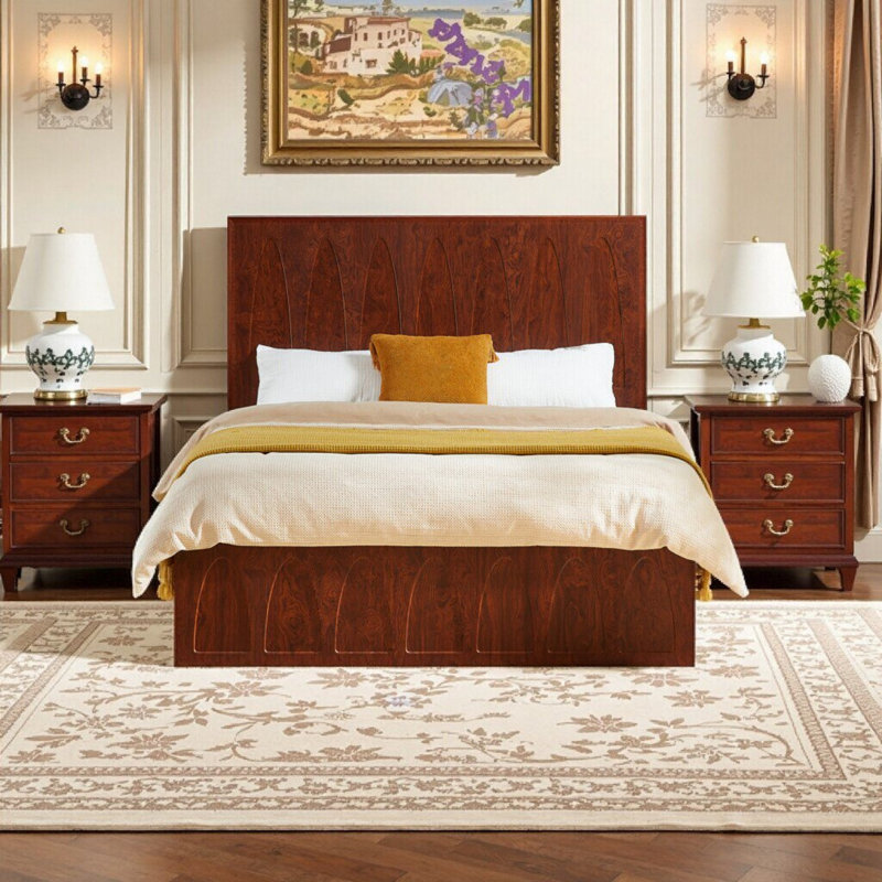 Lit plateforme en bois massif avec tiroirs de rangement et tête de lit incurvée, aucun sommier requis, base de lit moderne minimaliste pour grand matelas