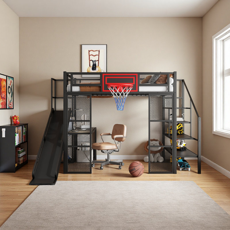 Full Size Metal Loft Bed With Built-In Desk, Open Wardrobe, Basketball Hoop, Slide And Staircase, Black