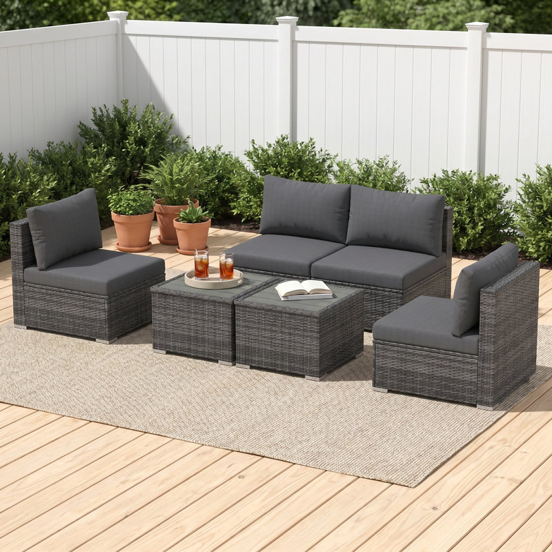 Outdoor Armless Chair Set Sectional Sofa With 4" Cushions, Dark Gray Cushion/Gray Frame, 4 Chairs + 2 Tables