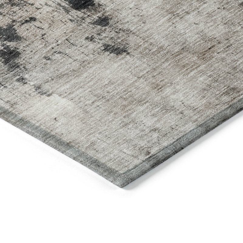Taupe and Black Abstract Washable Indoor/Outdoor Rug