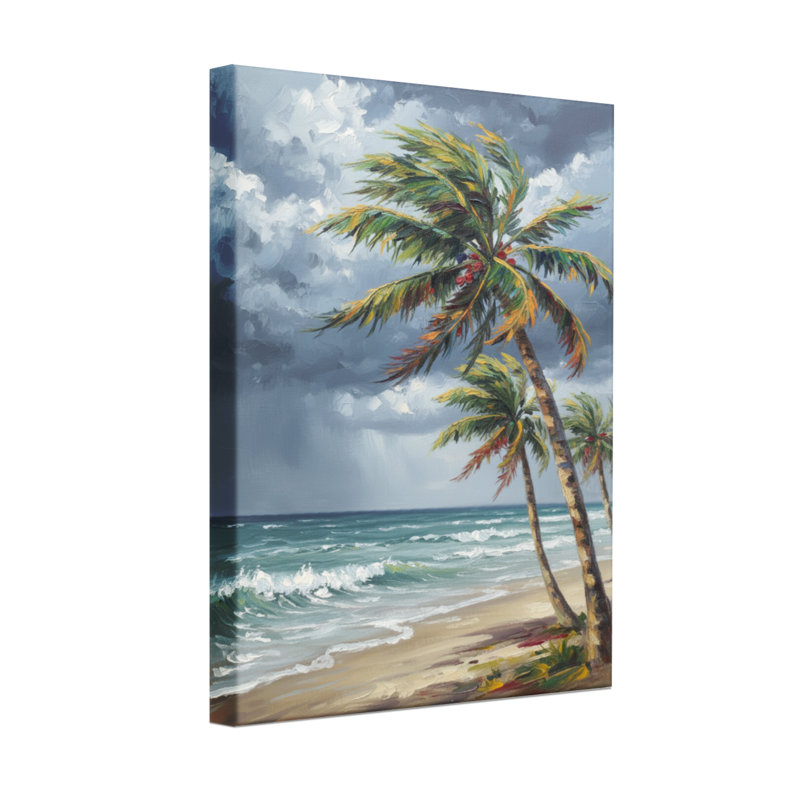 Plantes et fleurs plage tropicale palmiers océan vagues ciel nuages sable, H 24 po x l 16 po, Toile tendue, Ne s’applique pas