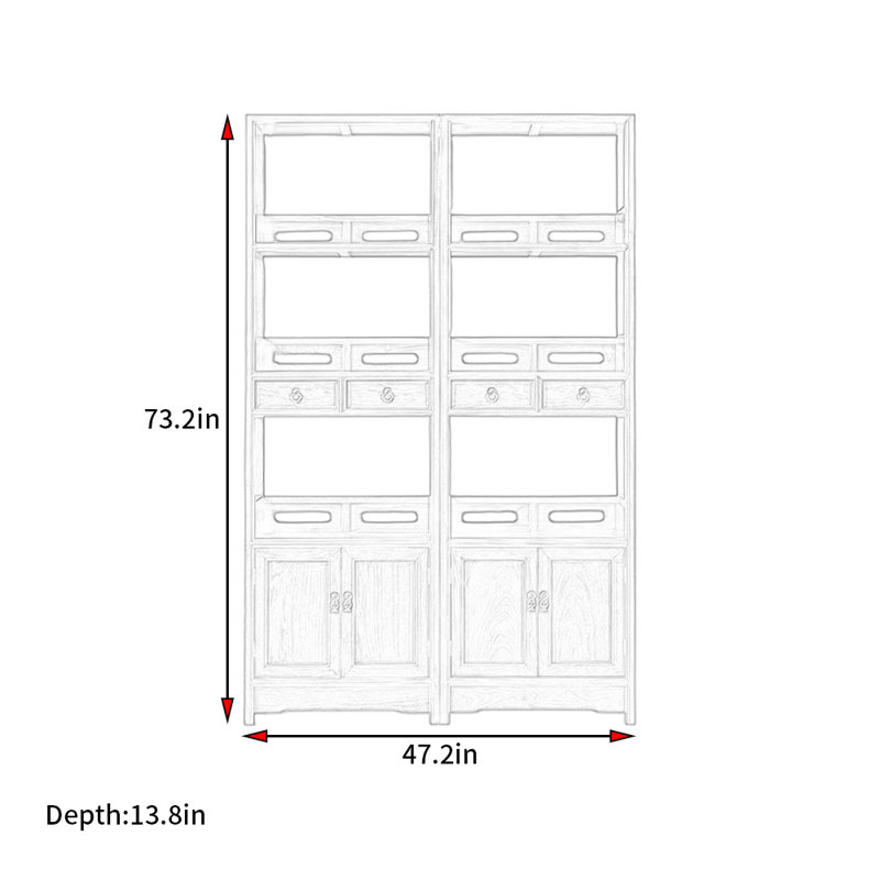 New Chinese Classic Retro Style Bookcase, (2 Shelves) 73.2"H x 47.2"W x 13.8"D