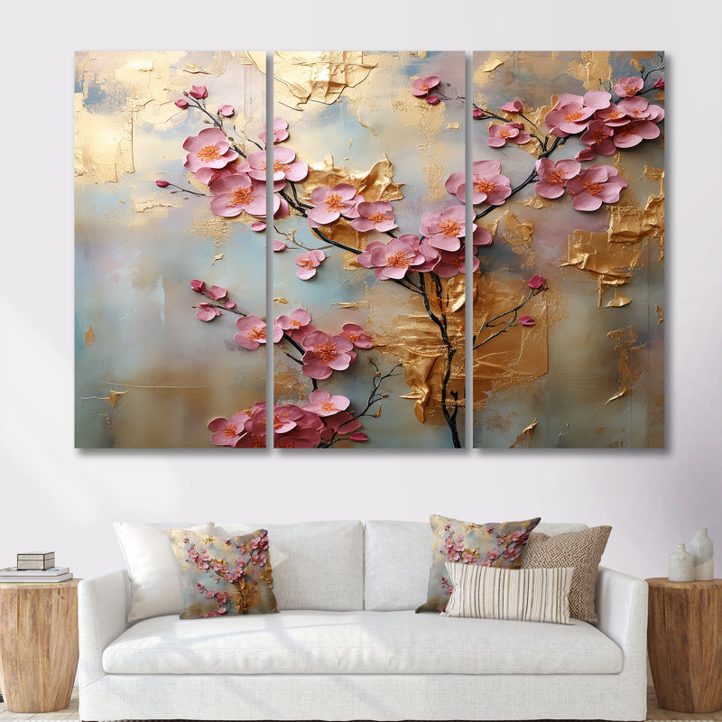 Orchidées roses sur or rétro - ensemble de décoration murale orchidée, H 28 po x l 36 po x P 1 po, Toile tendue