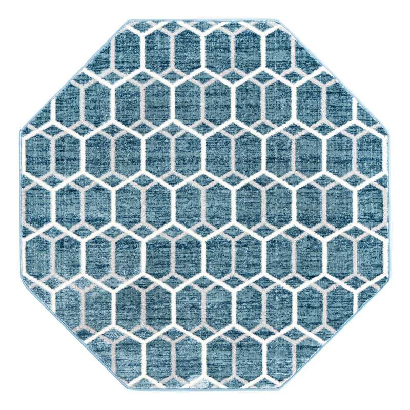 Tapis bleu / ivoire en laine Numa, Octogone 5 pi 3 po x 5 pi 3 po