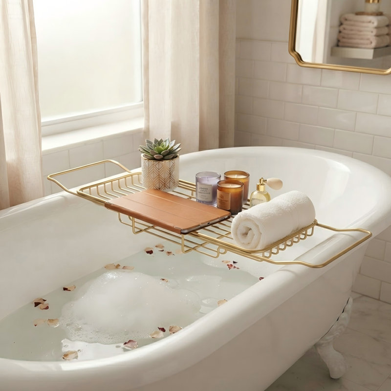 Plateau pour baignoire en acier inoxydable avec longueur réglable et finition dorée
