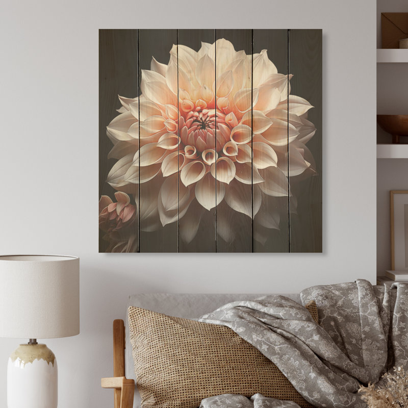 Coral dahlia minimalisme rêve - art mural en bois de dahlia sur bois de pin naturel, H 25 po x l 25 po
