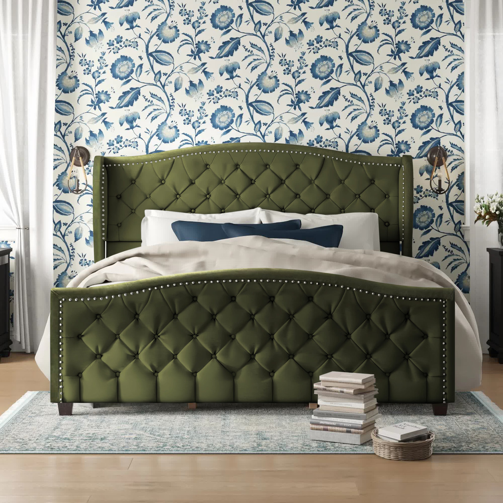 Coleman Velvet Upholstered Wingback Bed, King, Olive Green Velvet