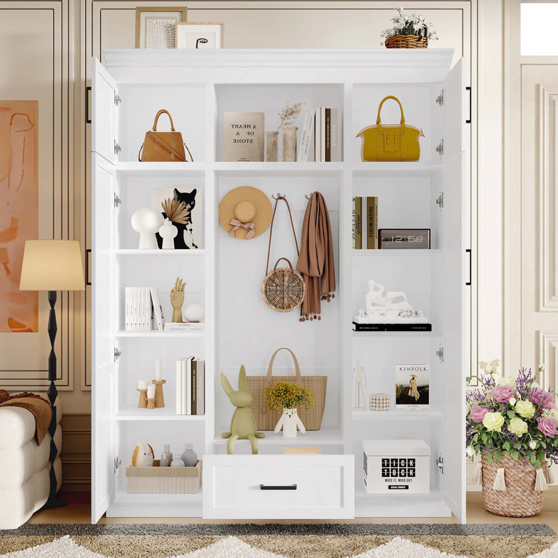 85.2''H Hall Tree With Bench And 3 Hooks, Modern Entryway Storage Organizer Cabinet With 4 Doors, 1 Drawer And Adjustable Shelves For Hallway, Entryway, Living Room