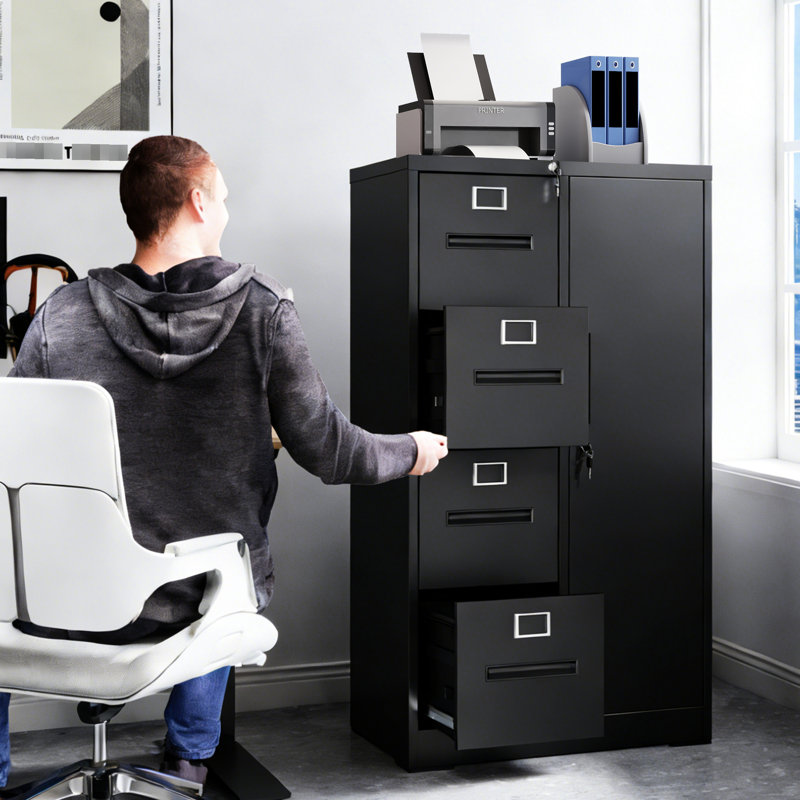 Metal Storage Vertical Filing Cabinet With Lock, Steel File Locker With 4 Drawers And 1 Door For School, Living Room, Bedroom, Office (Black)