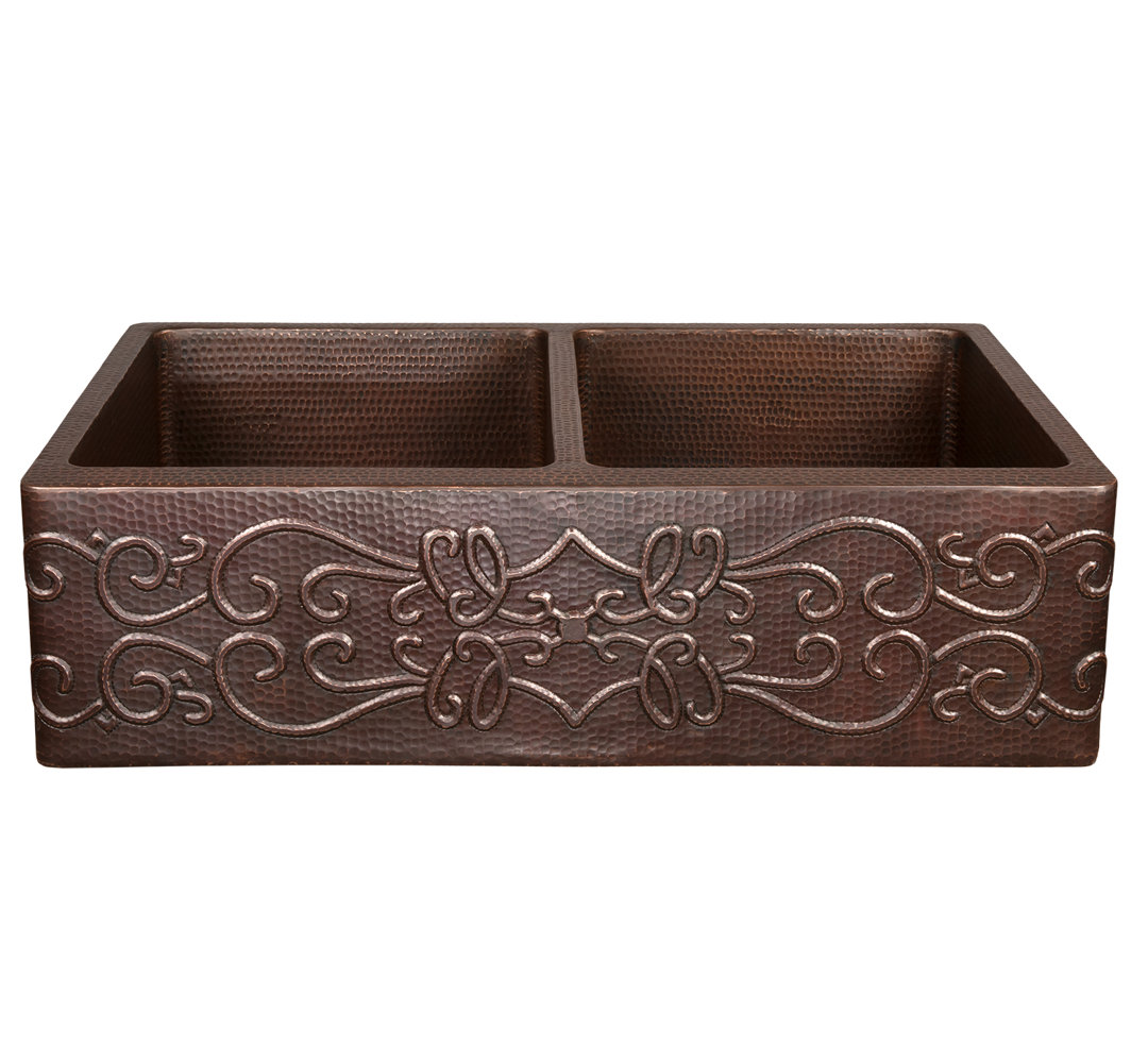 33" Hammered Copper Apron Front 50/50 Double Basin Kitchen Sink w/ Scroll Design Premier Copper Products