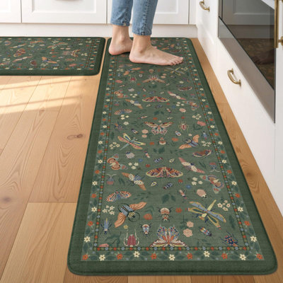 Green Botanical Butterfly Anti-Fatigue Kitchen Mat Set, 2-Piece