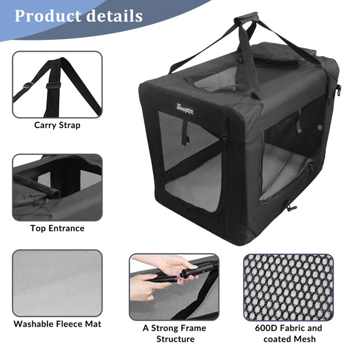 Jespet 3-Door Soft-Sided Folding Travel Pet Crate (Medium-Large; Gray ...