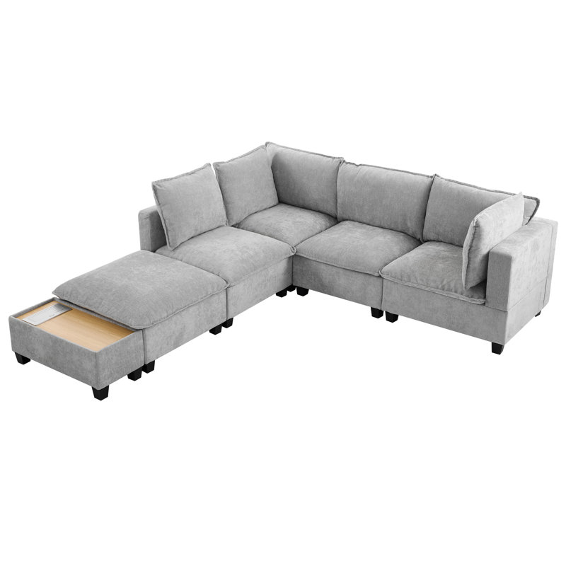 Fabian 90" Modular Sectional Sofa with Hidden Charging Ports & Ottoman, Gray