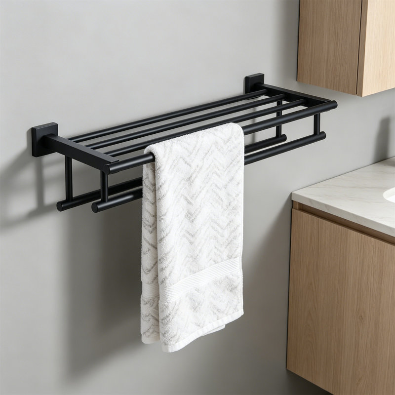 Porte-serviettes 20 po avec barres doubles et tablette, porte-serviettes mural en acier inoxydable, noir mat