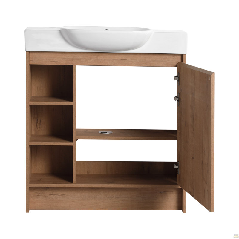 Meuble-lavabo autoportant de 30 po avec lavabo en céramique blanche et porte à fermeture en douceur, contreplaqué, emballage KD