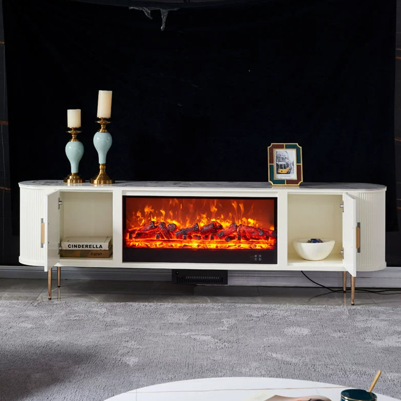 Beige Solid Wood TV Cabinet Heating Fireplace