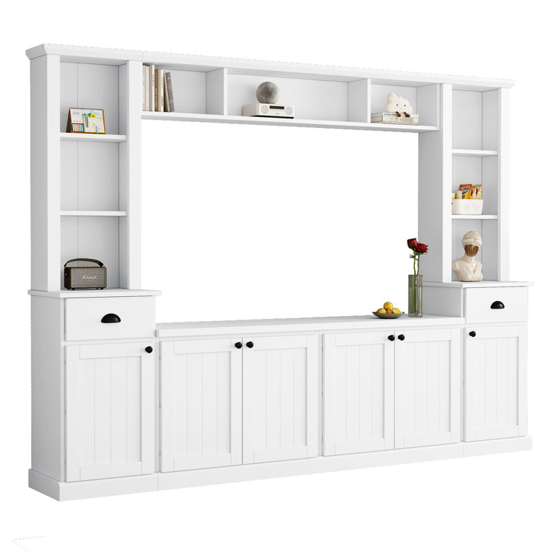 Meuble télé pour téléviseur de 75 po, blanc, avec tablettes réglables et rangement moderne avec pont supérieur au centre, suffisant