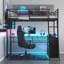 Lit mezzanine simple en métal avec DEL, bureau et 4 tablettes de rangement, noir