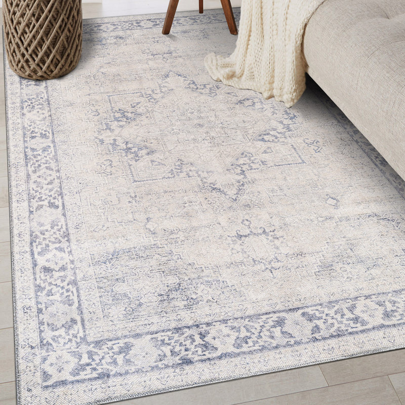 Calista Blue Medallion Area Rug – Traditional Machine Washable Design With Non-Slip Backing, Rectangle 4' x 6', Blue