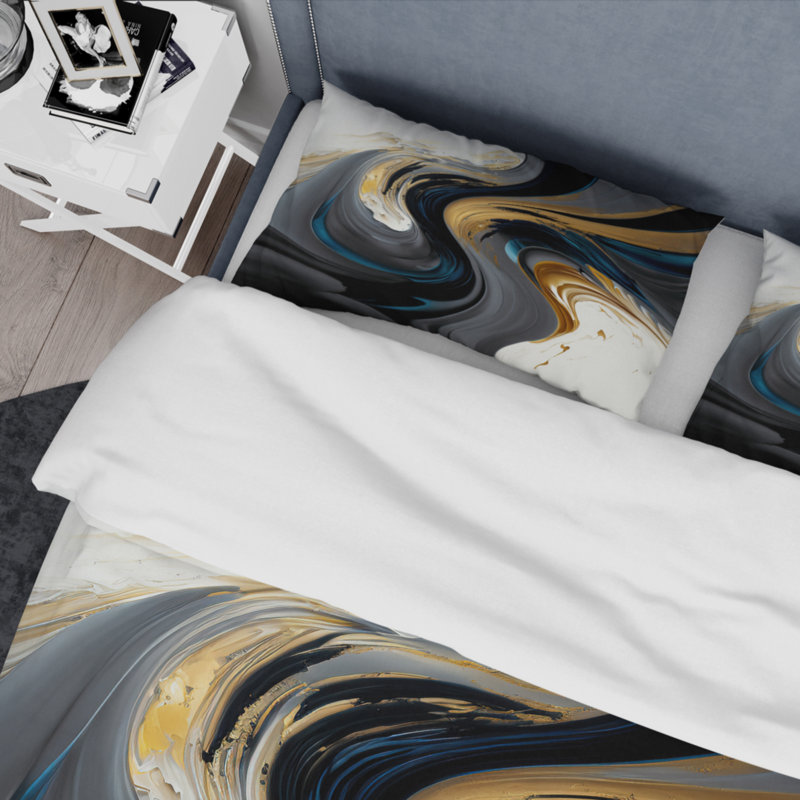 Ensemble de housse de couette en microfibre / polyester liquide noir, blanc et or IV