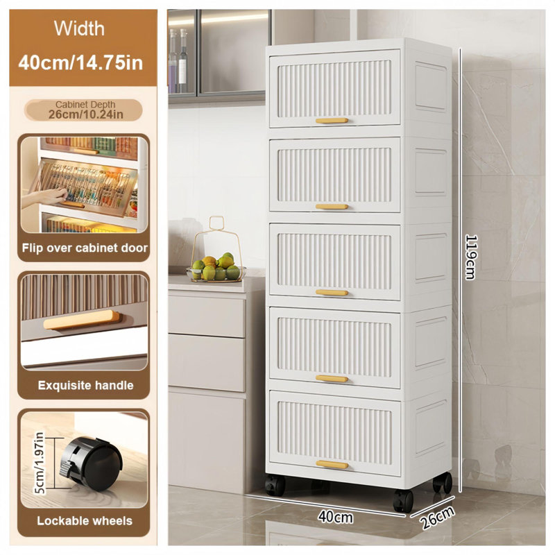 5-layers Flip Open Storage Box With Wheels, Movable Storage Cabinet, Kitchen Shelf, Movable Storage Island, Home Organization, Wardrobe Storage Box