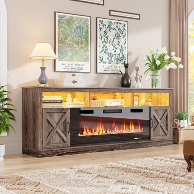 Farmhouse Fireplace Tv Stand For 95 Inch TV With 50”Electric Fireplace & LED Light, 83”Media Console With Barn Door Cabinet For Living Room