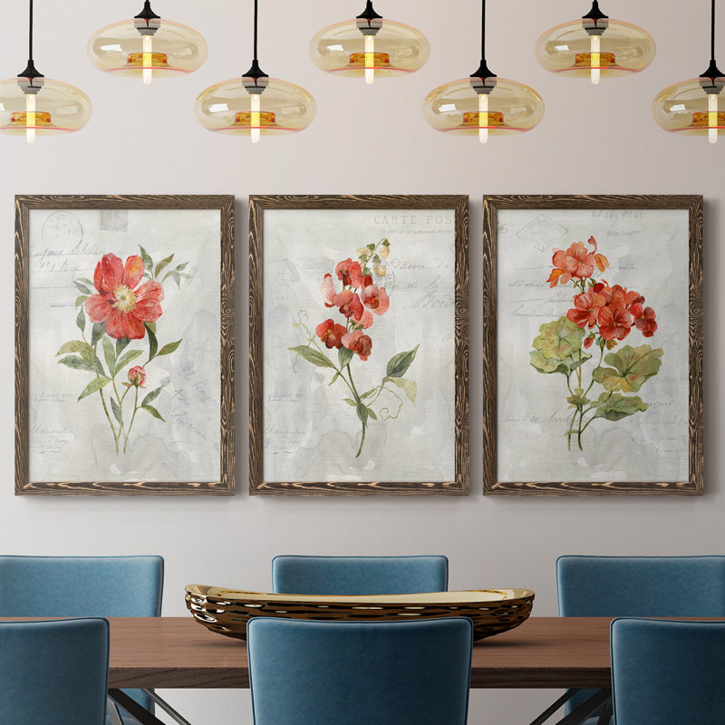 Lin géranium - ensemble de 3 impressions sur toile encadrées, H 31,5 po x l 47 po x P 1,5 po, Noyer