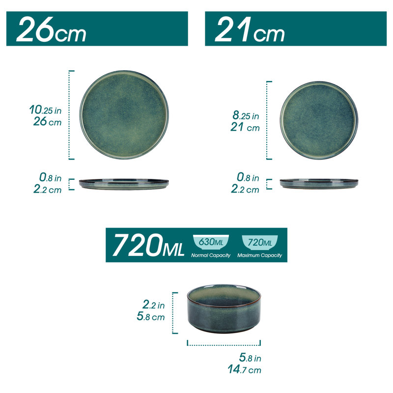 12 Pieces Kitchen Dinnerware Set, Blue Set, Stoneware Dinnerware, Plate And Straight Edge Bowl Set For 4 Person, Green
