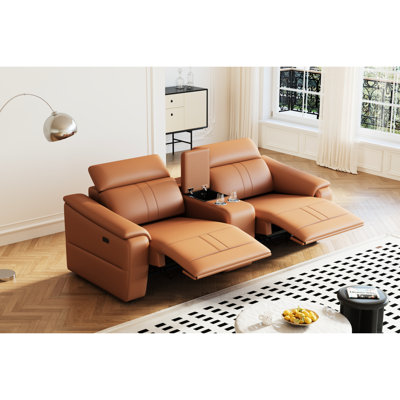 Cuir brun modulaire 3 avec 2 porte-gobelets et fauteuil inclinable électrique, canapé modulaire confortable pour les petits espaces de vie, minimaliste moderne, éponge haute respirante, espace de rangement intégré, minimaliste