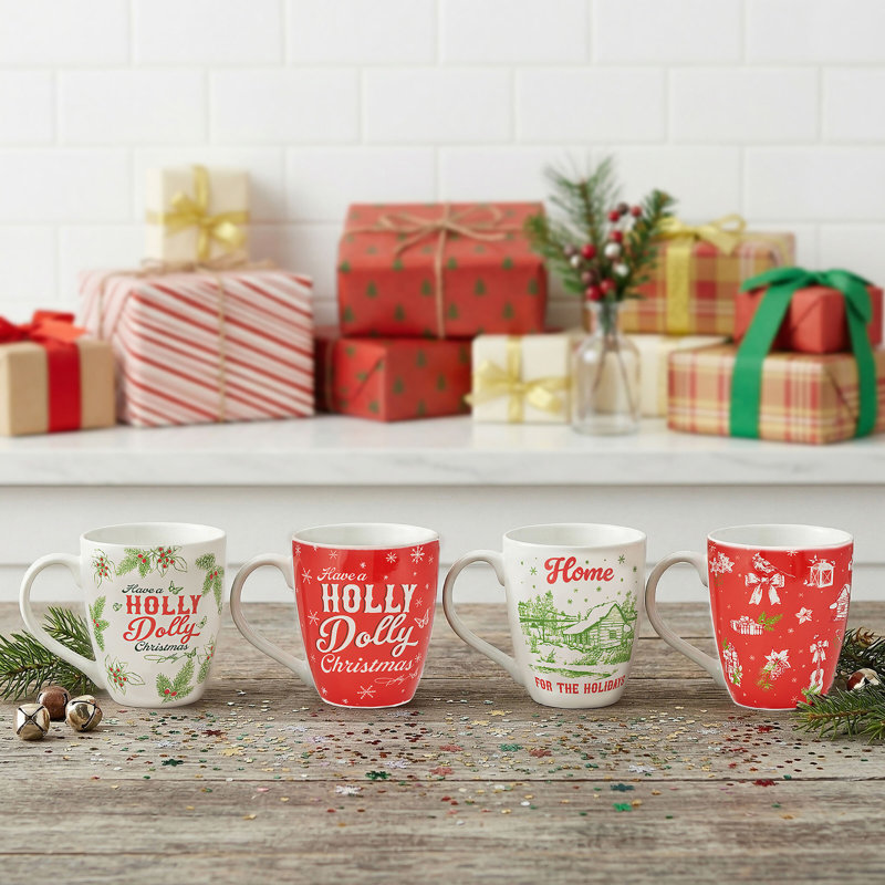 Ensemble de 4 tasses Holly Dolly «Have a Holly Dolly Christmas» et «Home for the Holiday»