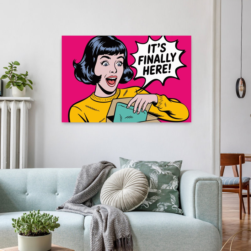Excité, femme, déballage, rétro, art mural rétro, H 24 po x l 36 po