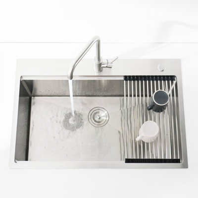 Stainless Steel 36X22 Kitchen Sink, Overmount, With Cutting Board And Roll-Out Basket, Increases Convenience Colander Dish Drying Rack, Keeps Spotless