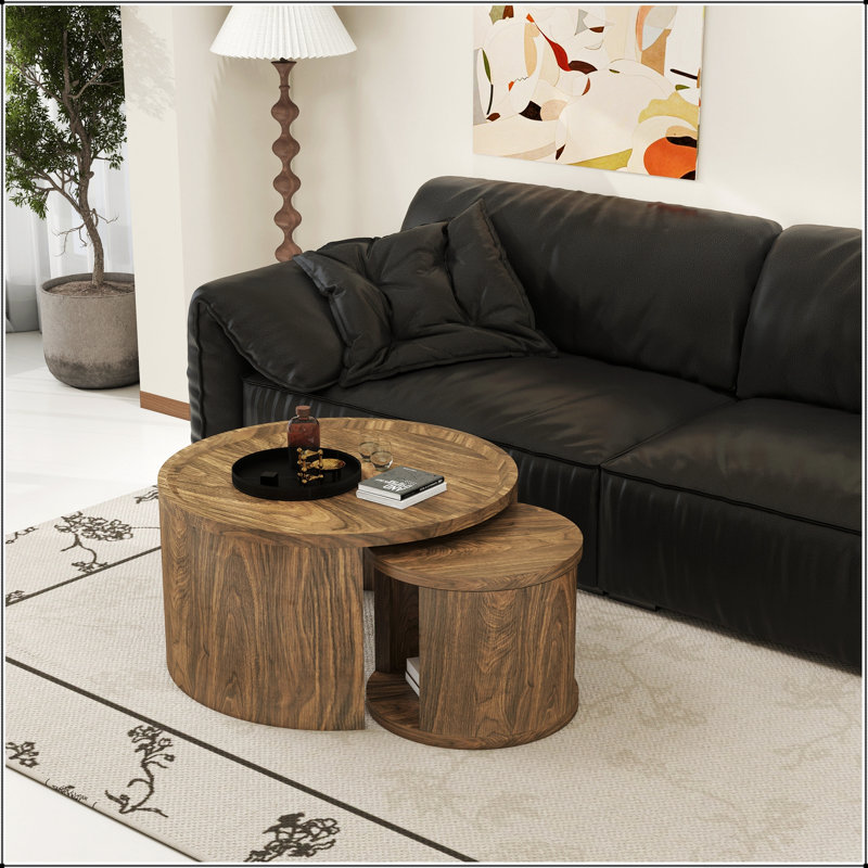 Ensemble de 2 tables basses rondes gigognes avec plateau en bois, conception peu encombrante pour les salons modernes et les petits espaces