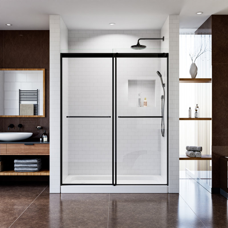 Porte de douche coulissante encadrée en aluminium de 56 à 60 po x H 76 po avec verre trempé transparent de 1/4 po (6 mm)
