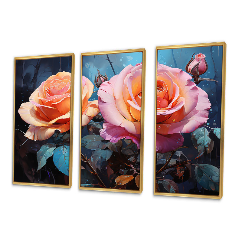 Minimalisme, roses roses, rêve III - ensemble de reproductions d'art mural roses, Cadre flottant doré