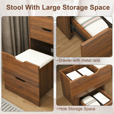 Bureau de coiffeuse 3 en 1 avec miroir éclairé et tabouret, coiffeuse à plateau rabattable, rangement compact pour la chambre à coucher, la salle de bain et le vestiaire (L 18,9 po)