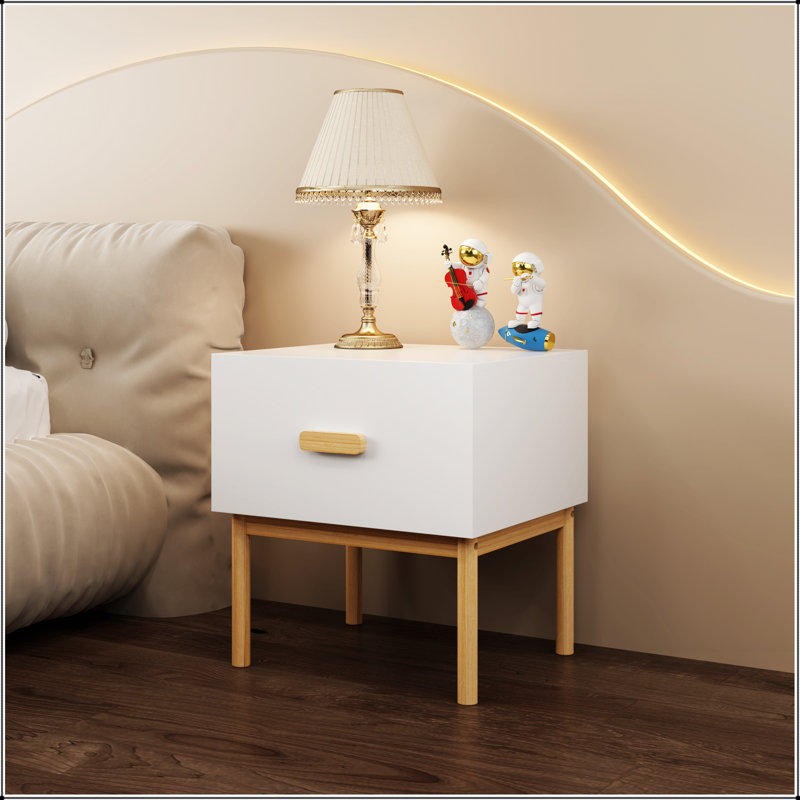 Table de chevet moderne avec tiroir et pieds en bois, table de chevet minimaliste pour la chambre à coucher et le salon