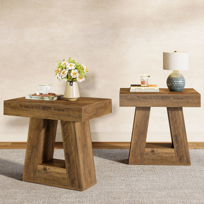 Set Of 2 Modern 24" 2-Tier Side Tables, Narrow Wooden End Tables With Trapezoid Base & Farmhouse Wood-Grain Finish by Latitude Run