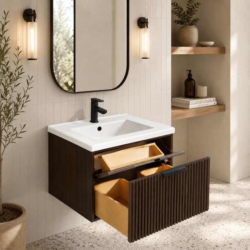 Anelie 24" Wall-Mounted Single Bathroom Vanity Set, Walnut, Matte Black